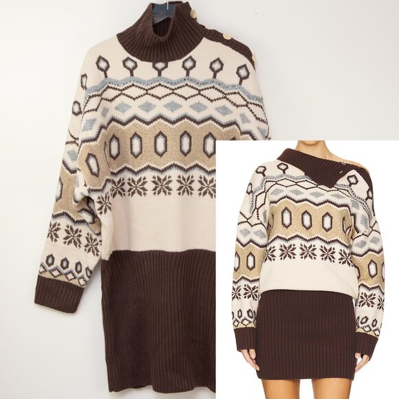 Retrofete Goldle Dress Sweater Mini Knit Long Sleeve Brown Cream Size Large New - Picture 1 of 9